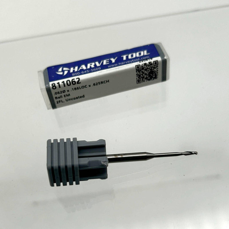 Harvey Tool 811062 Ball End Mill 1/16" Dia x 1/8" Sh x 0.1860" LOC x 2" OAL 2 FL