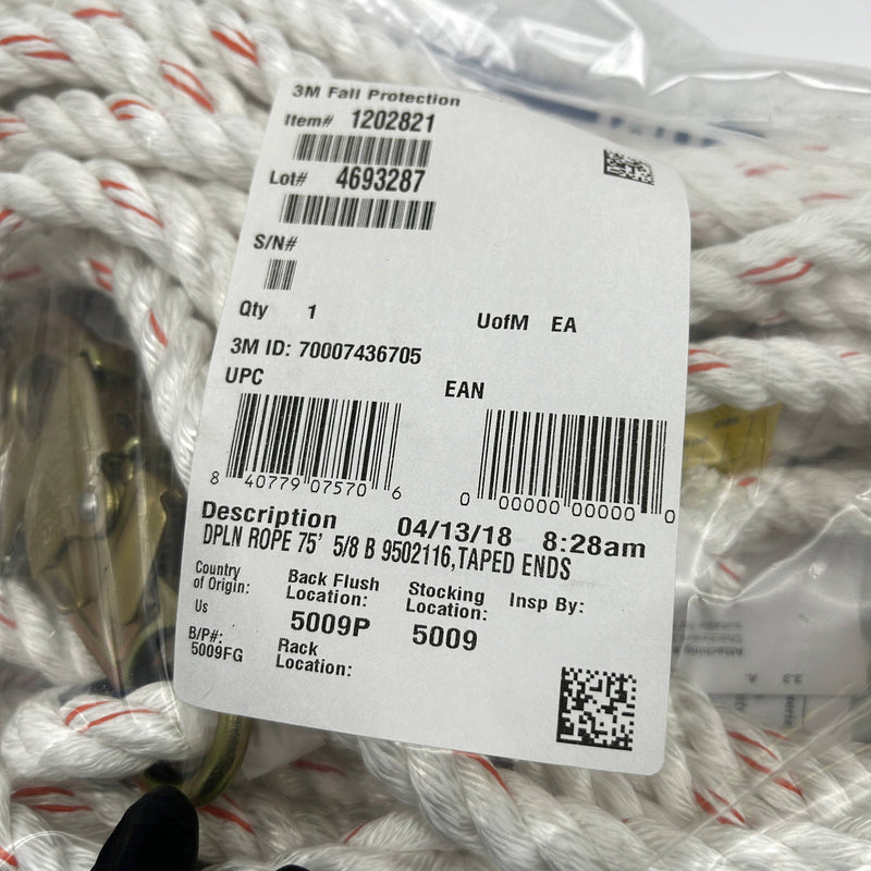 3M DBI-SALA Fall Protection 1202821 Rope Lifeline w Snap Hook 75' 5/8" Taped End