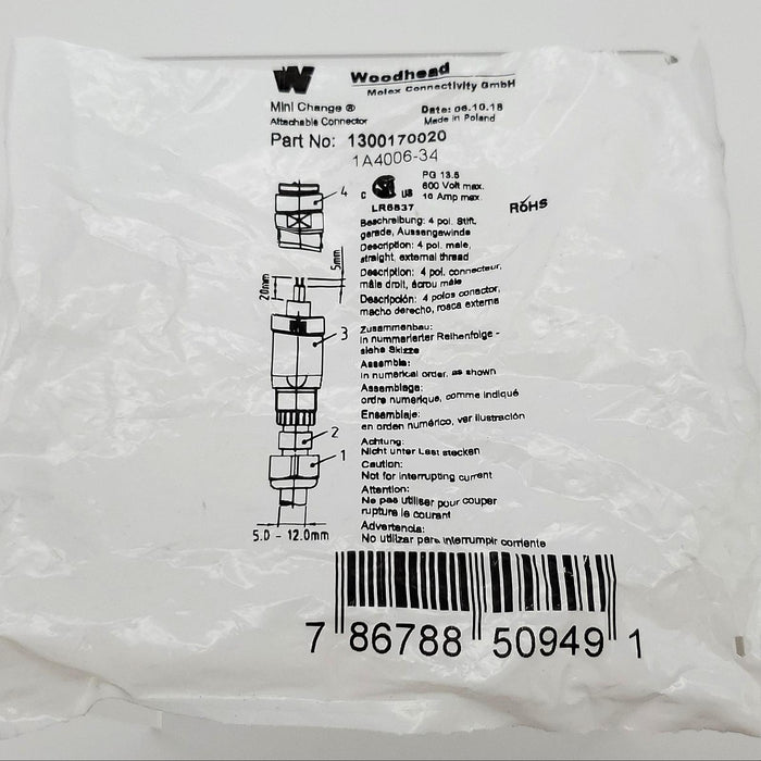 Woodhead 1A4006-34 Mini-Change Field Attachable Connector PG 13.5 600V 10A 6