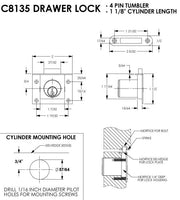 National C8135 Drawer Lock Satin Chrome 1-1/8" L X 0.88" D Cylinder Keyed Diff 2