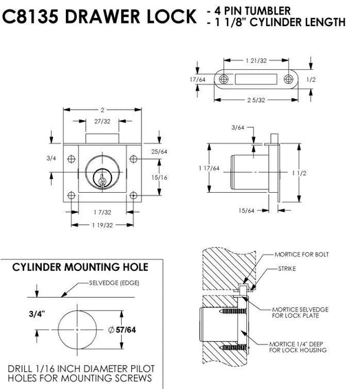National C8135 Drawer Lock Satin Chrome 1-1/8" L X 0.88" D Cylinder Keyed Diff 2