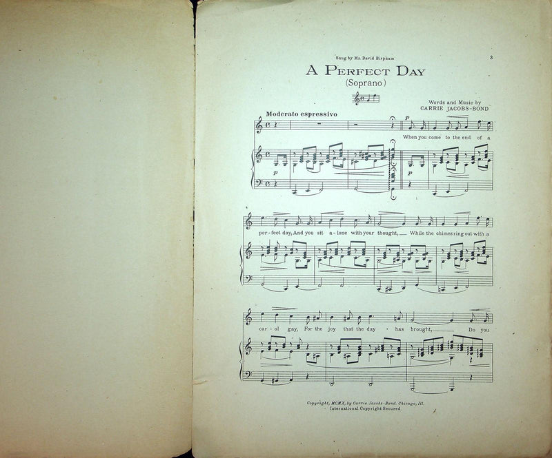 1910 A Perfect Day Vintage Sheet Music Large Carrie Jacobs Bond David Bispham 2