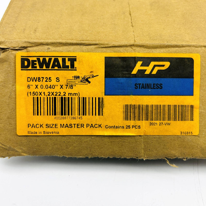 Dewalt DW8725S Cut-Off Wheel 6" x 0.040" x 7/8" Type 1 HP Stainless Pack of 25 2