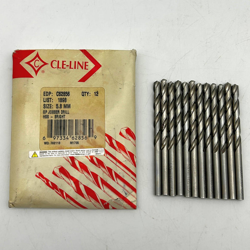 Cle-Line C62856 Jobber Drill Bit 5.8MM 1898 General Purpose HSS Bright Lot of 12