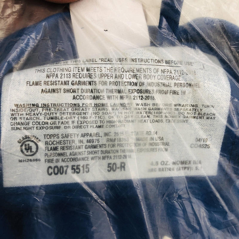 Topps Safety CO075515 Coveralls Size 50-R NOMEX IIIA Unlined Royal Blue RN 18353 3