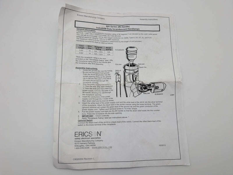 Ericson 944-RS Industrial Hand Lamp w/ Switch & Reflector Guard 125V 15A
