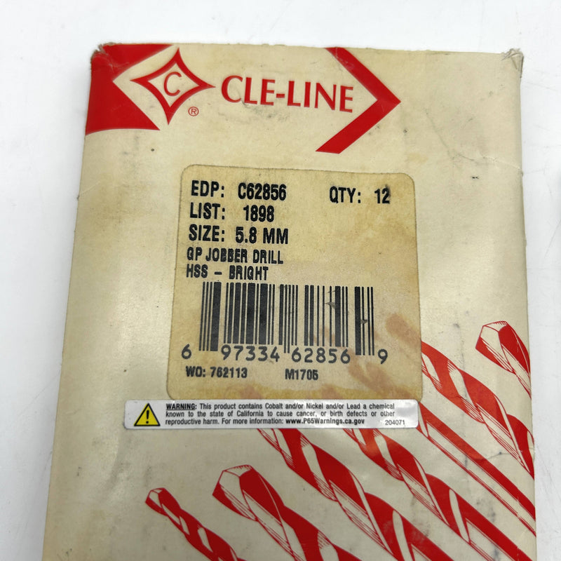 Cle-Line C62856 Jobber Drill Bit 5.8MM 1898 General Purpose HSS Bright Lot of 12