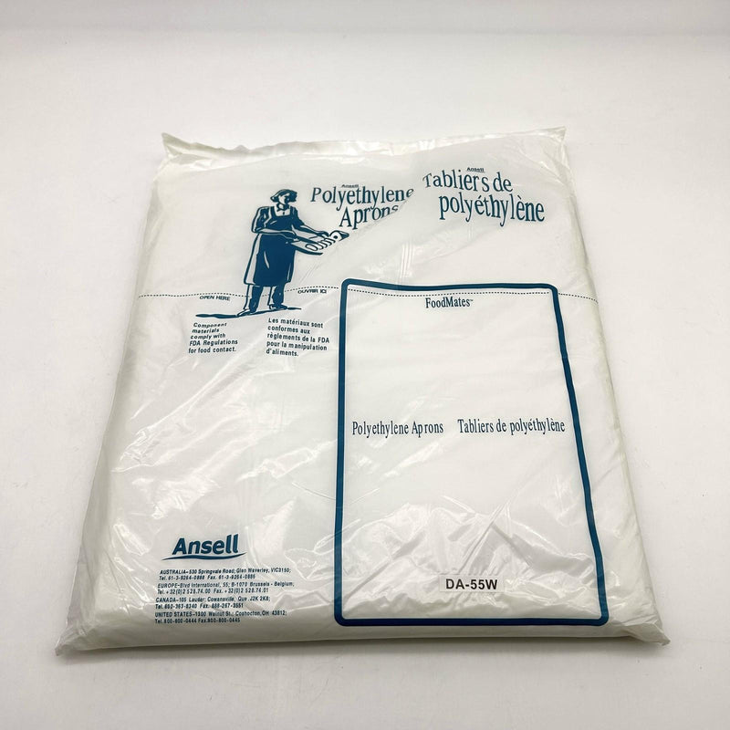 Ansell 56-210-55 Disposable Apron 28in Wide x 55 Long Polyethylene White 100/Bag