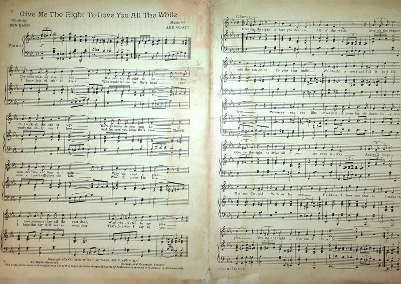 1907 Give Me The Right To Love You All The While Sheet Music Lrge Abe Glatt Bard 2
