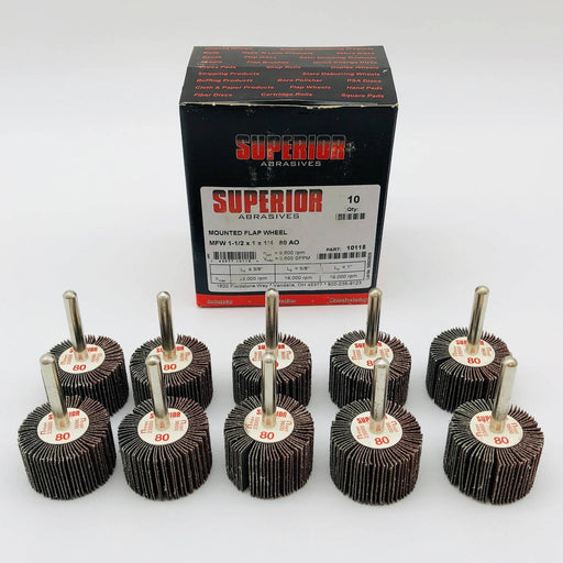 Superior Abrasives 10115 Mounted Flap Wheel 1.5in x 1in x 1/4in 80 AO 10/Box 1