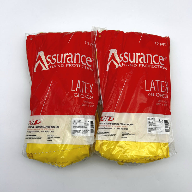PIP Assurance 48-L160Y Latex Gloves Large/9 Yellow 16mil 12in Flocked 24 Pairs