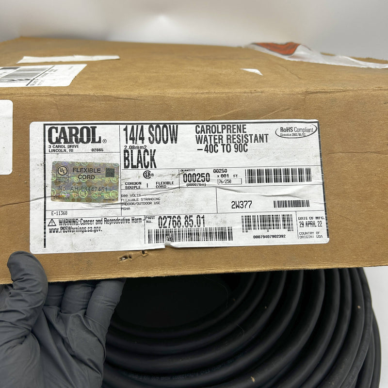 Carol 02768.85.01 Portable Cord SOOW 600V 4 Conductors 14 AWG Blck Jacket 250ft