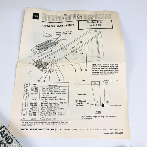 MTD 193-003 Grass Catcher Bagger Assembly Walk Behind 764-119 Grassbag OEM NOS 2