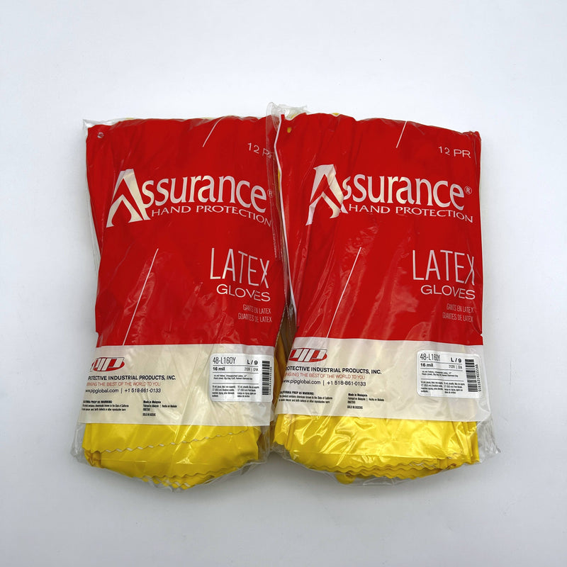 PIP Assurance 48-L160Y Latex Gloves Large/9 Yellow 16mil 12in Flocked 24 Pairs