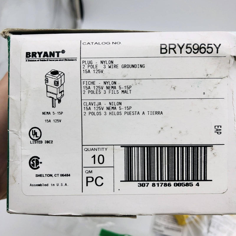 Bryant BRY5965Y Nylon Plug Nema 5-15P 15A 125V 2 Pole 3 Wire Grounding Box of 10 2