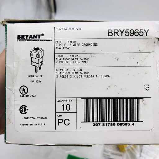 Bryant BRY5965Y Nylon Plug Nema 5-15P 15A 125V 2 Pole 3 Wire Grounding Box of 10 2