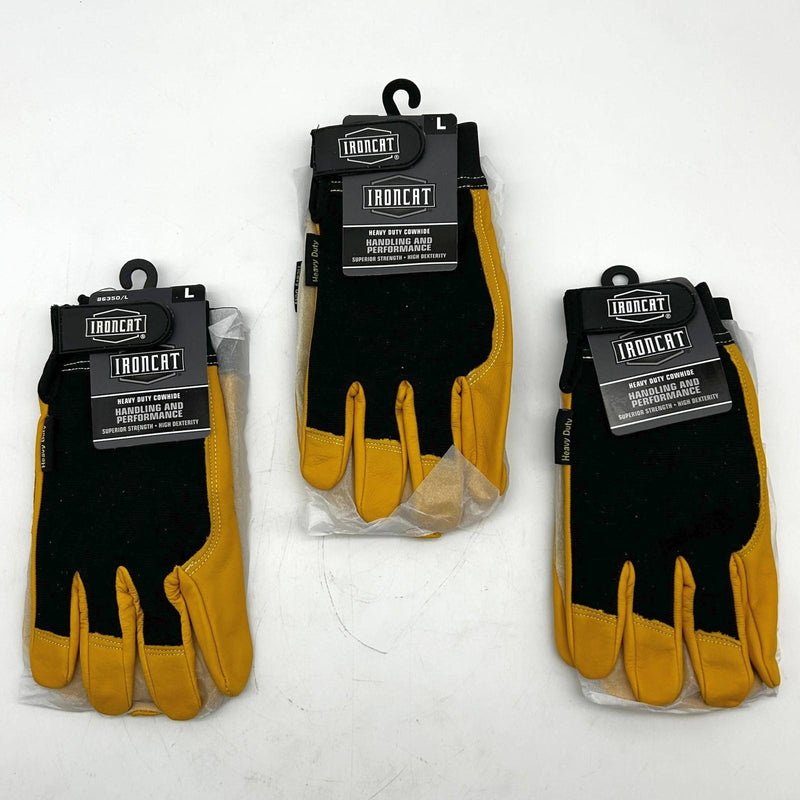 Ironcat 86350 Cowhide Leather Gloves Large Hvy Duty Mechanics Hook Loop 3 Pairs 1