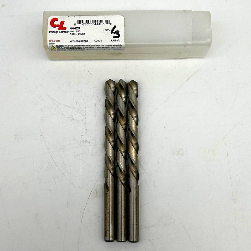 3pk Chicago-Latrobe 44423 Jobber Drill Bit 23/64 List 150L Left-Hand Helix HSS 1