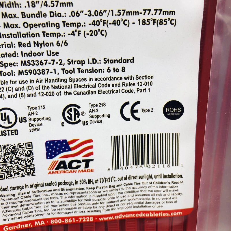 ACT AL-11-50-2-C Cable Tie 11in Length .18" Width 50lb Red Nylon 6/6 Pack of 300 3