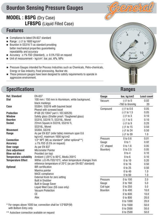 General Instruments BSPG-V Pressure Gauge 155m Face 0-10 kg/cm2 1/2" NPT Connect 2