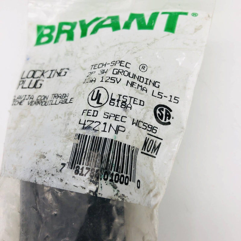 Bryant 4721NP Locking Blade Plug 15A 125 VAC 1-phase 2-pole 3-wire NEMA L5-15 4