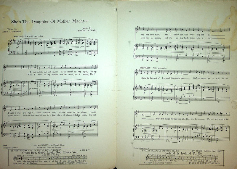 1915 She's The Daughter Of Mother Machree Vintage Sheet Music Large Ernest Ball 2