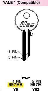 10x Ilco Y5 Key Blanks Yale Compatible 4 Pin 997EB Nickel Plated 2