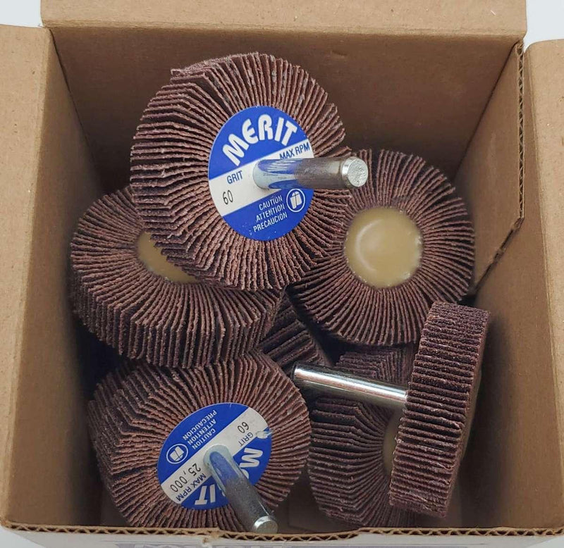 Merit 2" x 1/2" Flap Wheels 60 Grit 25,000 RPM Max 1/4" Shank Pack of 10 1