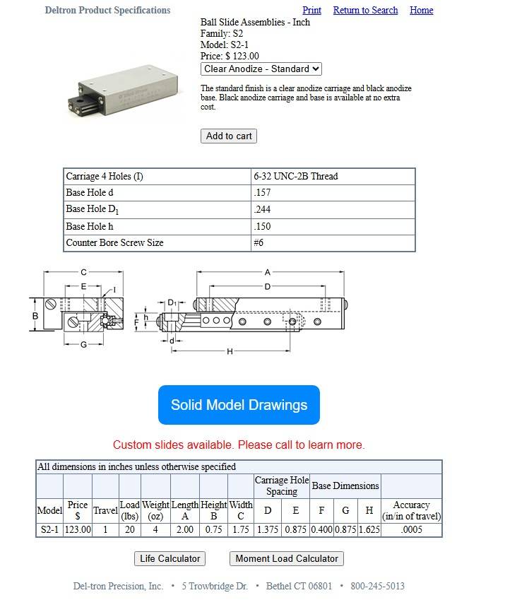 Deltron S2-1 Linear Ball Slide 1" Travel 20lb Load 2" L x 0.75" H x 1.75" W 2