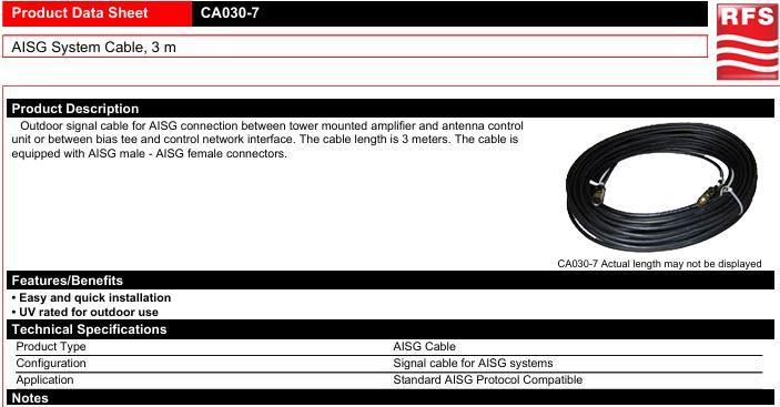 RFS AISG System Cable 9.84' Cable AISG Male to AISG Female CA030-7 TMA to ACU 2