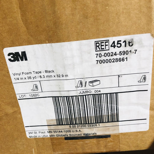 3M 4516 Vinyl Foam Tape Black 1/4 x 36yds Single-Coated 62 Mil 7000028661 1/Roll 2