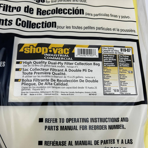 Shop Vac 919-07 Filter Bags Industrial Commercial Dual Ply for 15-20 Gal 5pk 2