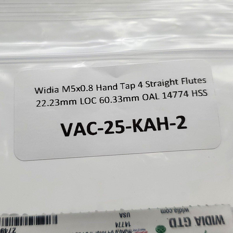 Widia M5x0.8 Hand Tap 4 Straight Flutes 22.23mm LOC 60.33mm OAL 14774 HSS 6