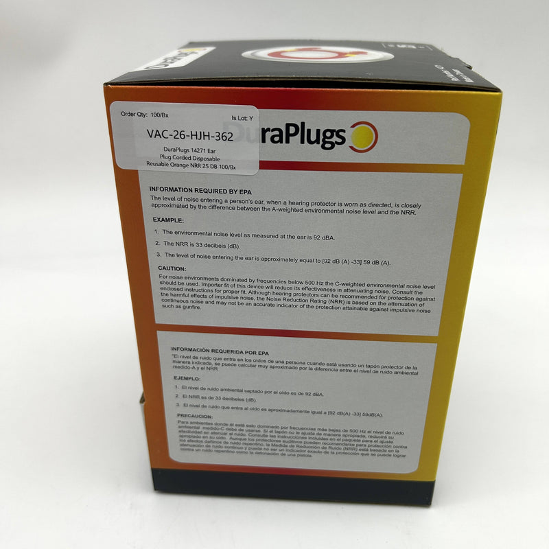 DuraPlugs 14271 Ear Plug Corded Disposable Reusable Orange NRR 25 DB 100/Bx