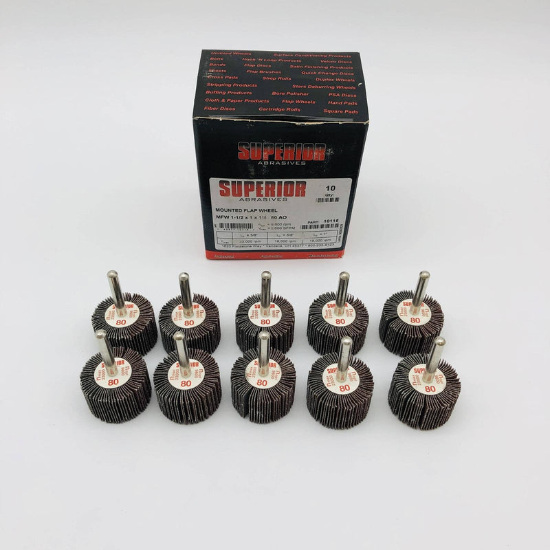 Superior Abrasives 10115 Mounted Flap Wheel 1.5in x 1in x 1/4in 80 AO 10/Box 3