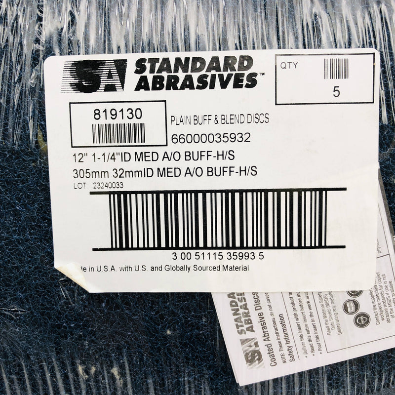 Standard Abrasives 819130 Buffing Discs 12" Dia 1-1/4" ID Medium A/O H/S 5pk 3
