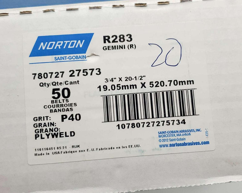 3/4" x 20-1/2" Filing Belts 40 Grit Norton 78072727573 Aluminum Oxide 10 Pack 5