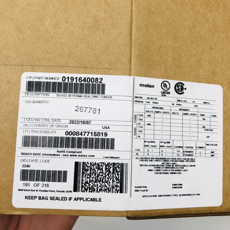 Molex 0191640082 Crimp Terminal Ring Connector 22-18 AWG Perma Seal Lot of 25 2