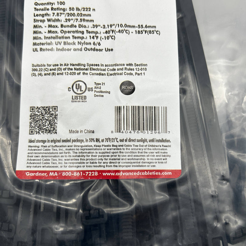 ACT AL-08-50-RL-0-C Cable Ties Releasable Black 8inch 50lb 500pk (.08/pc)