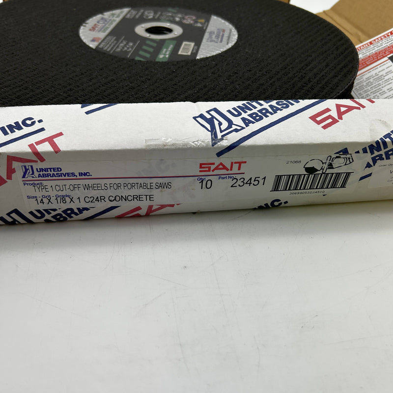 United Abrasives Sait 23451 Cut-Off Wheel 14X1/8X1 C24R Concrete Cutting 10pk