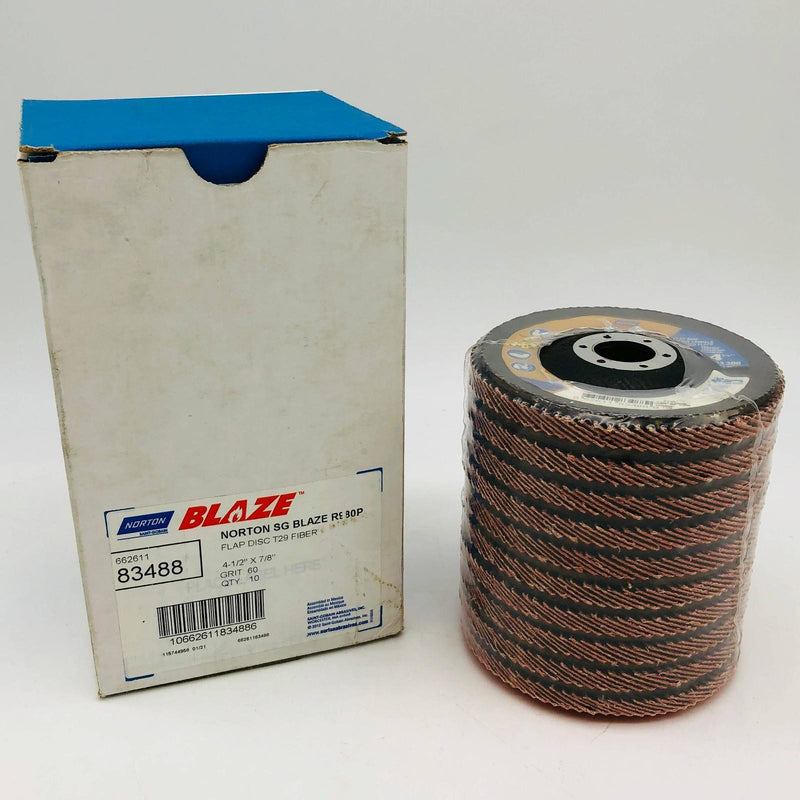 Norton 83488 Flap Disc Resin Fiber 4-1/2x7/8 Type 29 Blaze R980P 60 Grit 10/Box 1