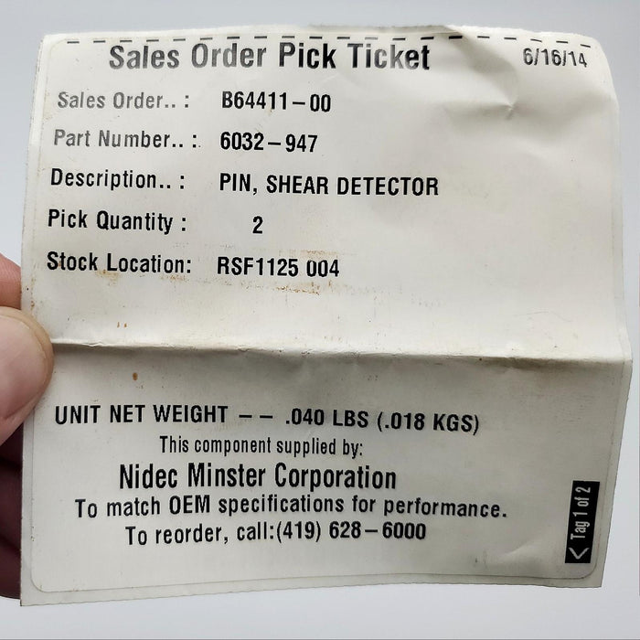 Nidec Minster 6032-947 Shear Pin Bolt Detector 2.75"L x 0.245"D 0.124" Hole 4