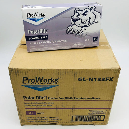 ProWorks Polar Nite GL-N133FX Nitrile Gloves XLG PF 4 Mil White Case 10/100 DMGD 1