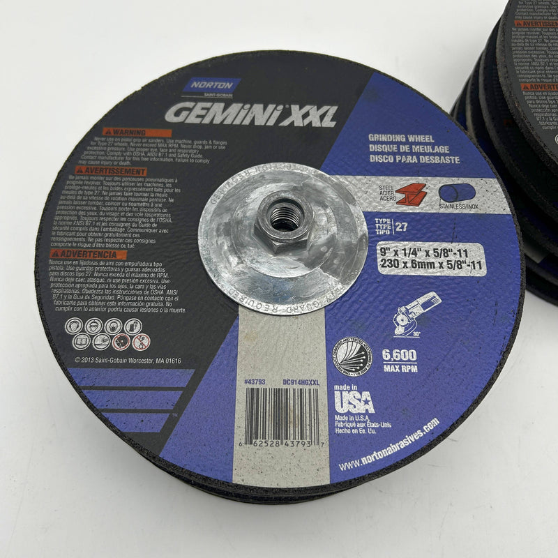 Norton 66252843793 Grinding Wheel 9in x 1/4in x 5/8"-11 Type 27 Gemini XXL 10pk