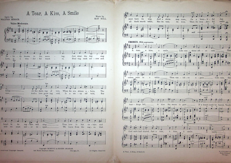 1917 A Tear A Kiss A Smile Vintage Sheet Music Large May Hill Walter Hirsch 2