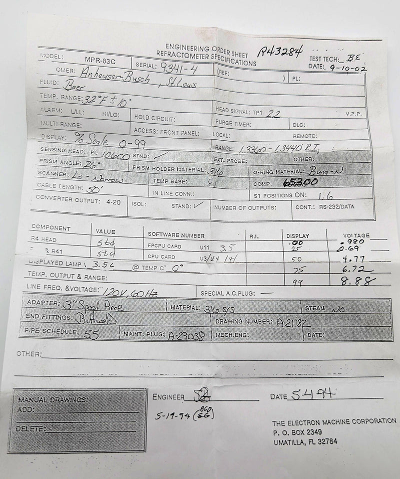 Electron Machine MPR-83C Refractometer Fluid Sensing Head 22-32F 0-99% 7