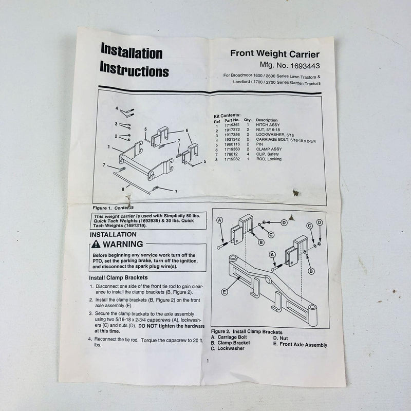 Simplicity 1693443 Front Weight Carrier Hitch Assembly 1719361 OEM New NOS 3