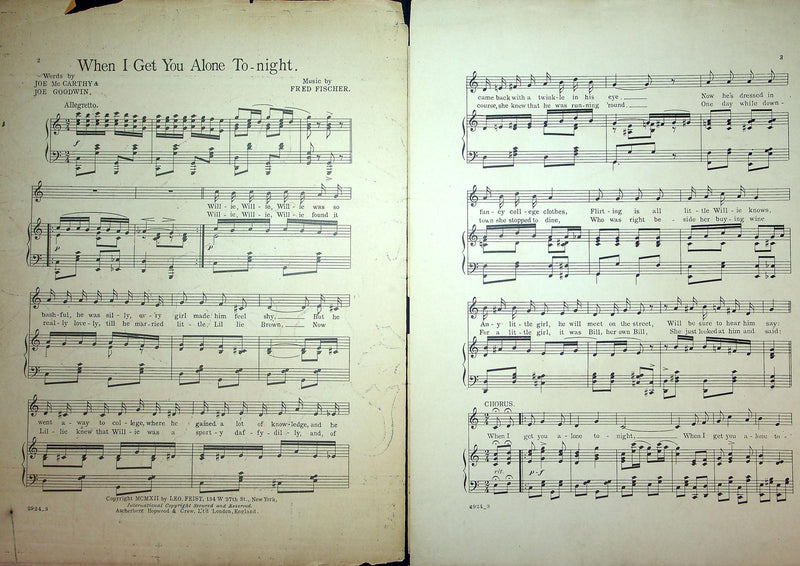 1912 When I Get You Alone Tonight Vintage Sheet Music Large Fred Fischer Goodwin 2