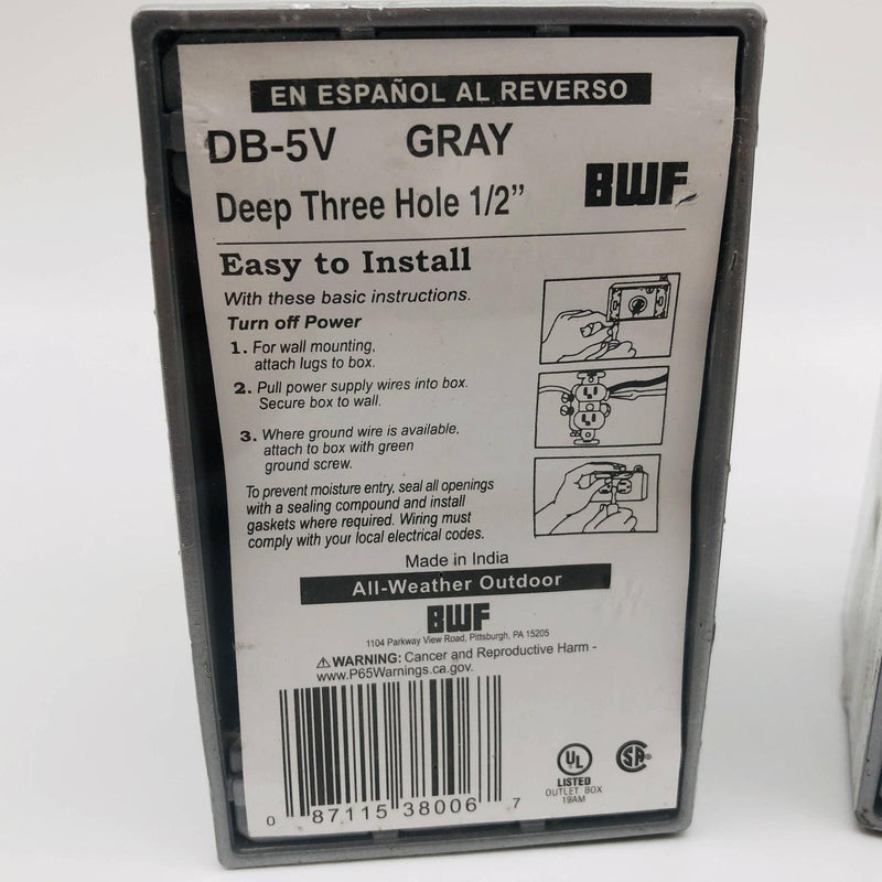 2pk BWF DB-5V Junction Outlet Receptacle Box 1/2in 3 Hole 1 Gange Deep Box Gray 2