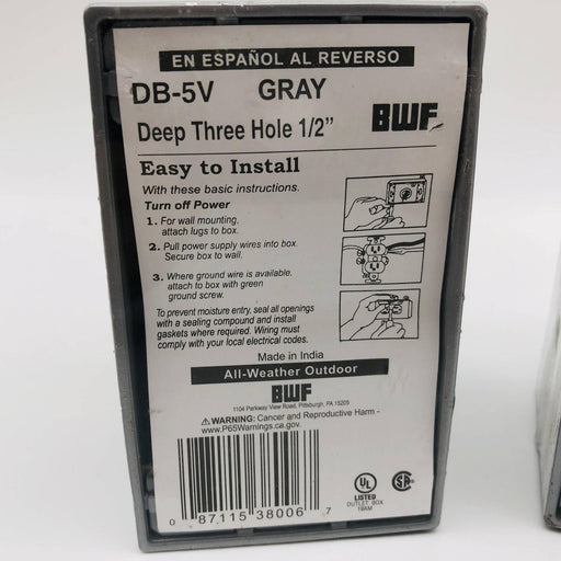 2pk BWF DB-5V Junction Outlet Receptacle Box 1/2in 3 Hole 1 Gange Deep Box Gray 2